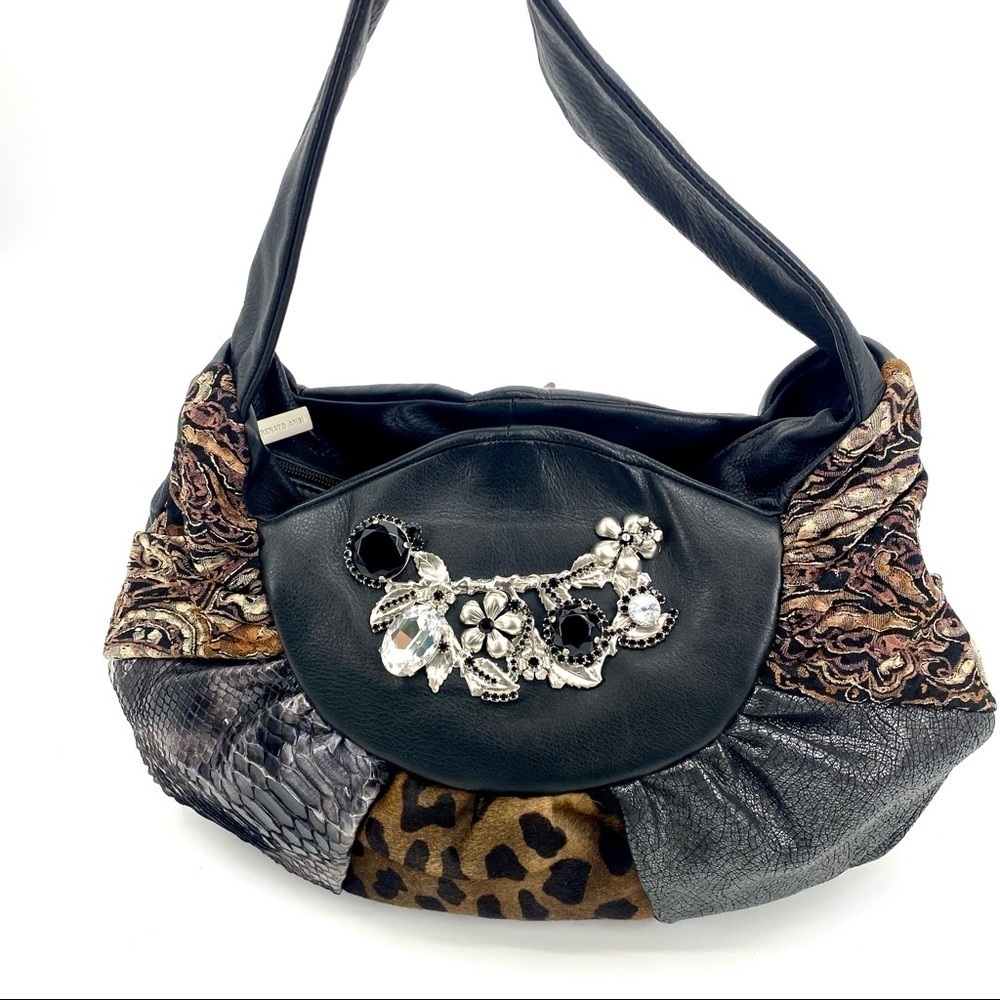 Renato Angi multi print beaded leather hobo bag